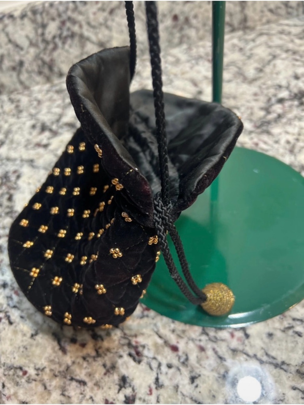 Black Quilted Velvet Mini Drawstring Bag with Gold Bead Accents - Picture 5 of 9